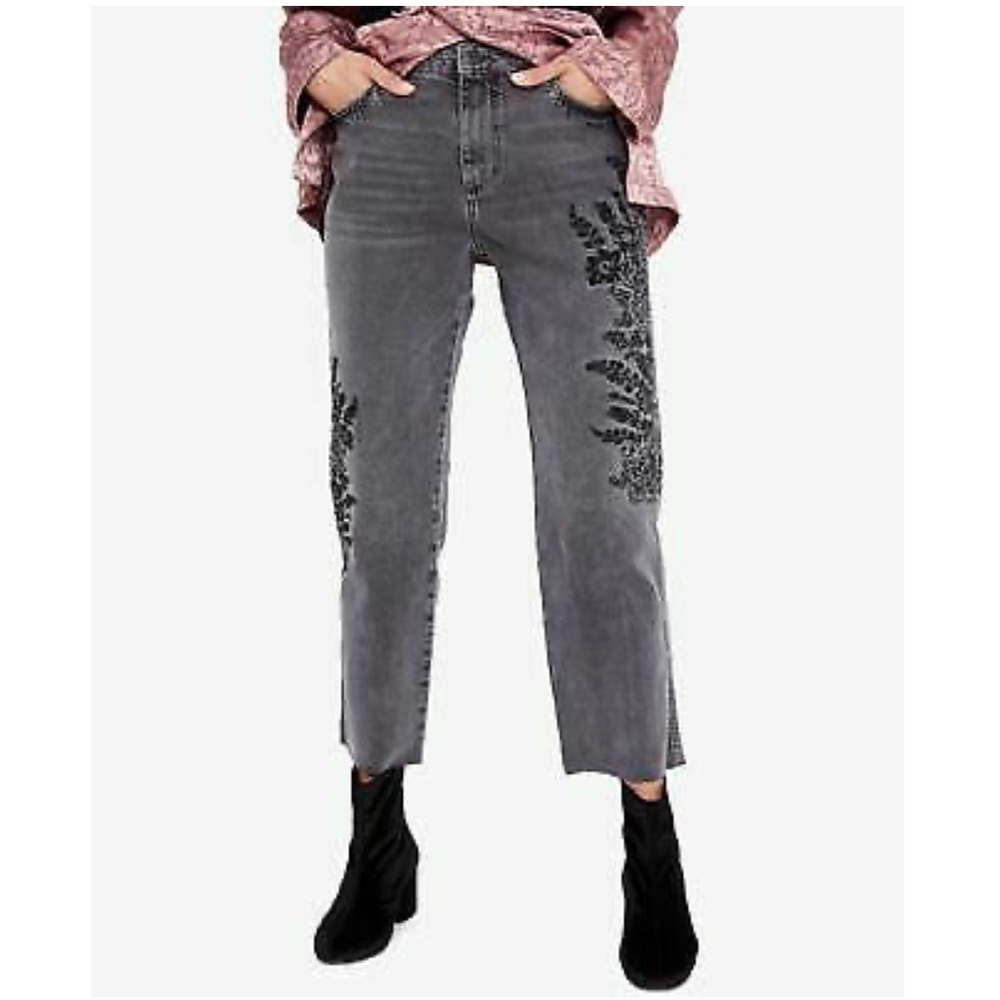 Lightly Used | FP Embroidered Cropped Girlfriend Jeans